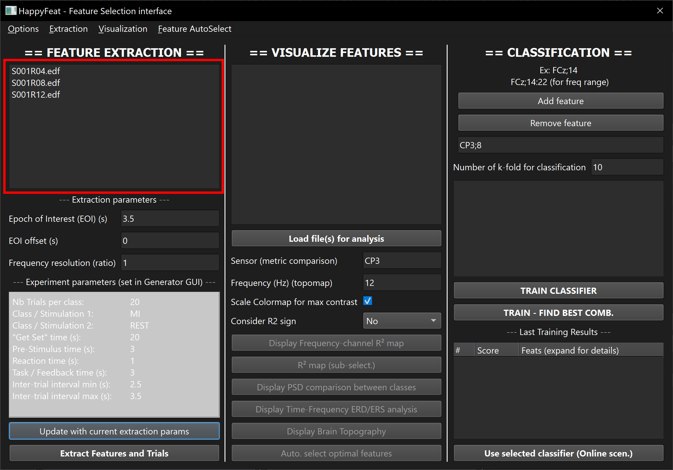 HappyFeat main GUI, list of signals highlighted