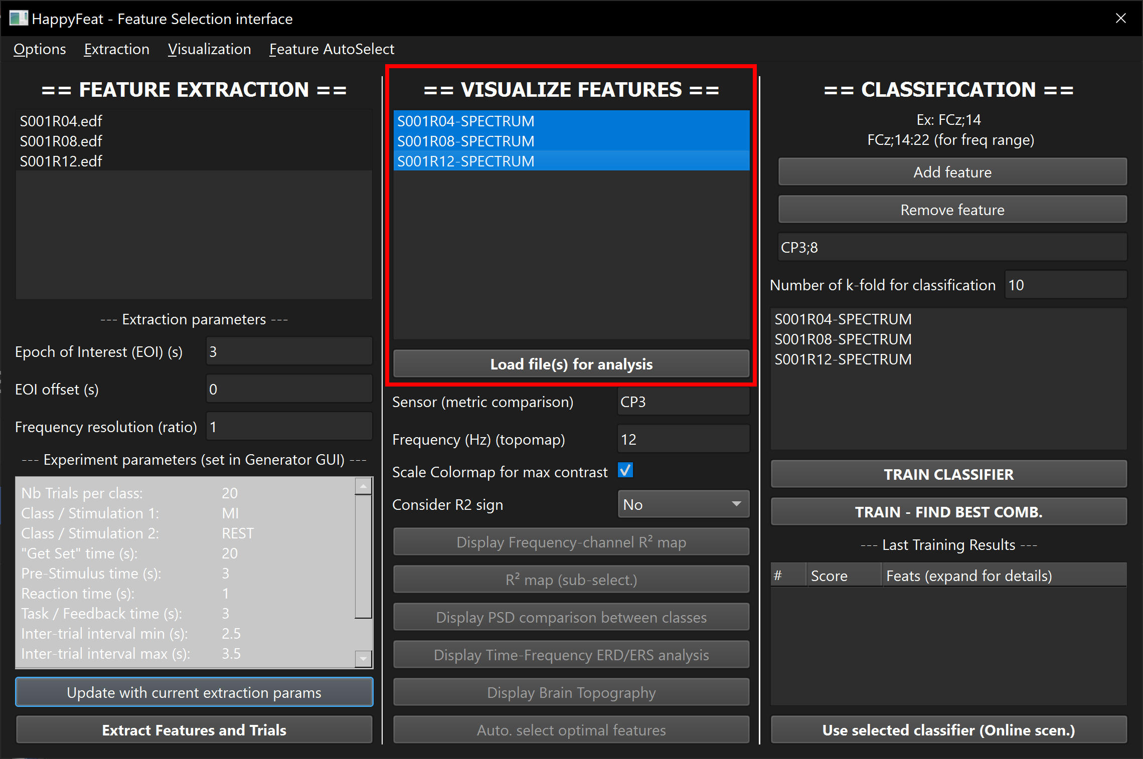 HappyFeat main GUI, list of extracted files highlighted