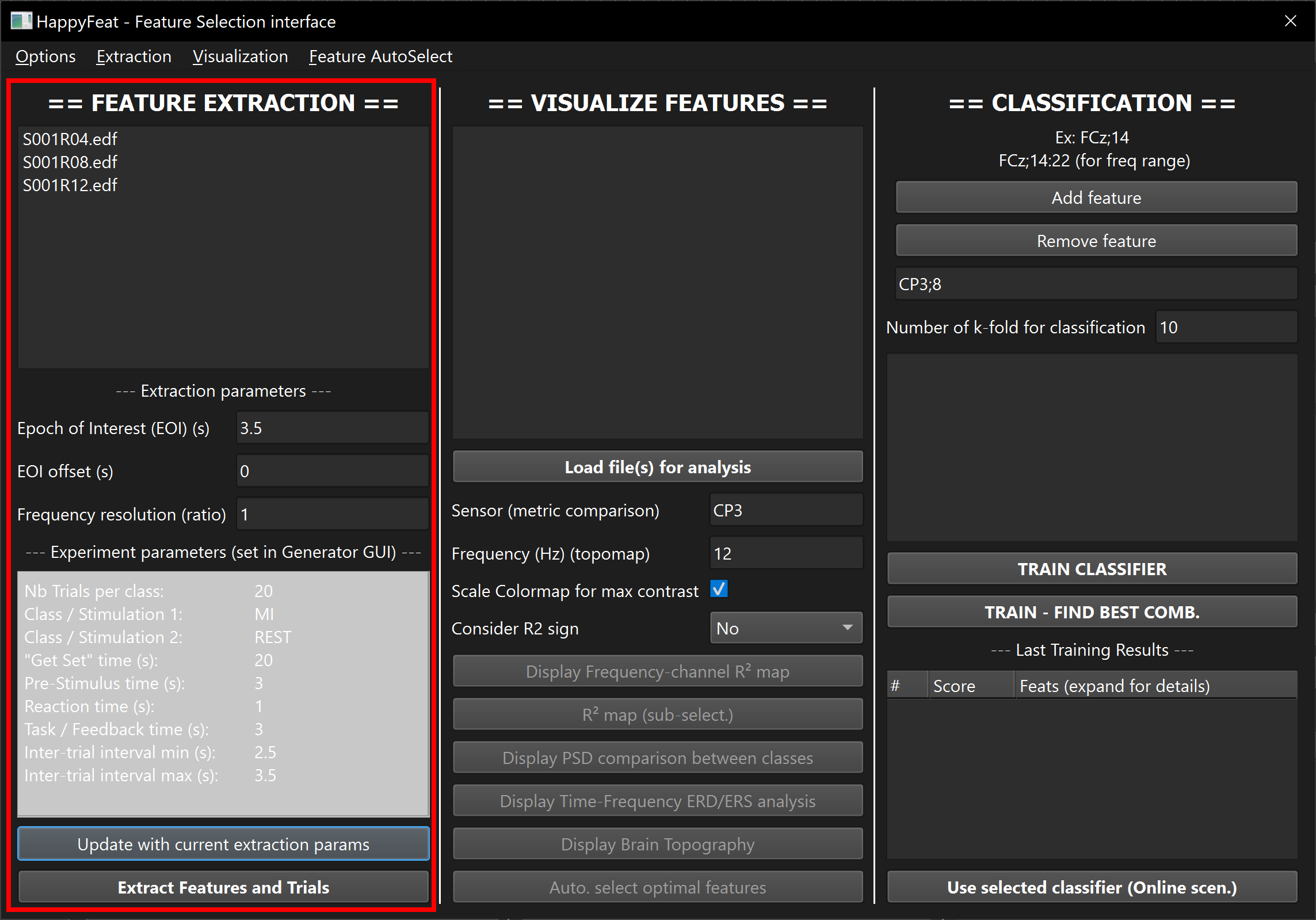 HappyFeat main GUI, Extraction part highlighted
