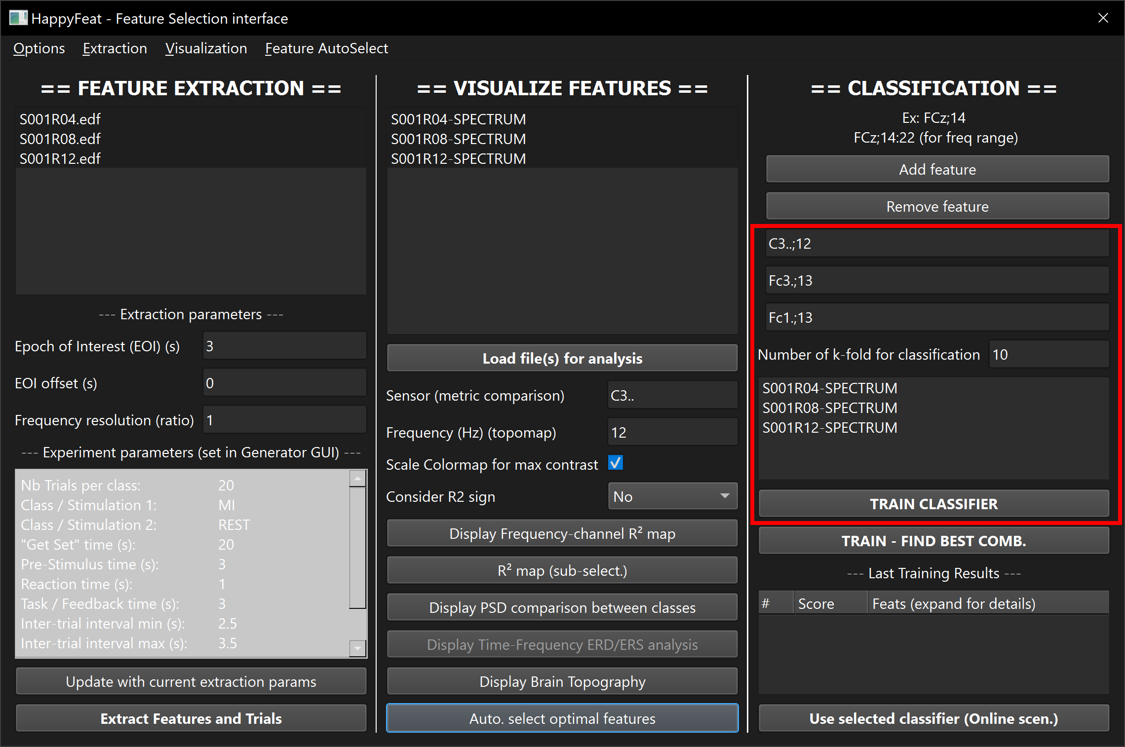 HappyFeat's GUI: training the classifier