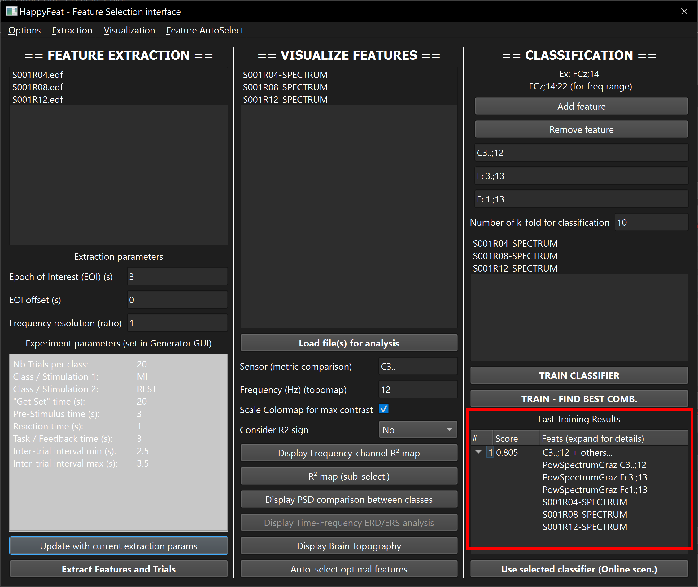 Training results summarized in HappyFeat's GUI