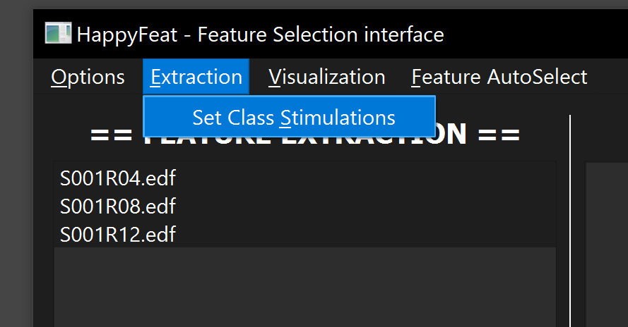 HappyFeat main GUI, extraction stimulation in top menu