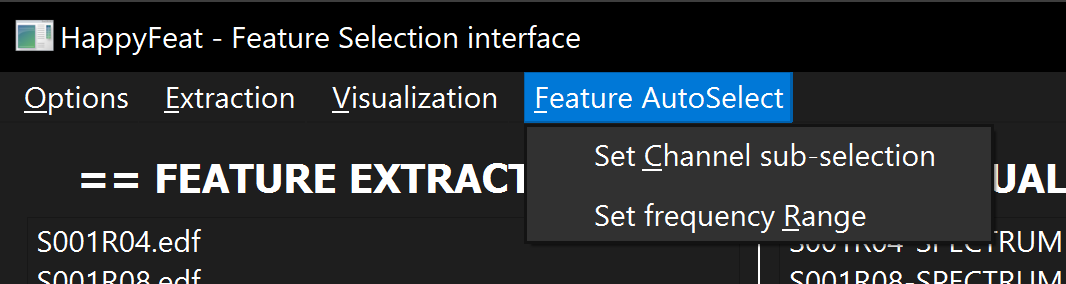 HappyFeat main GUI, top menu to set chan/freq subselections